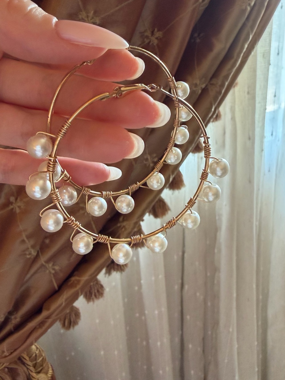 Gold Hoop Earrings with White Pearl Charms